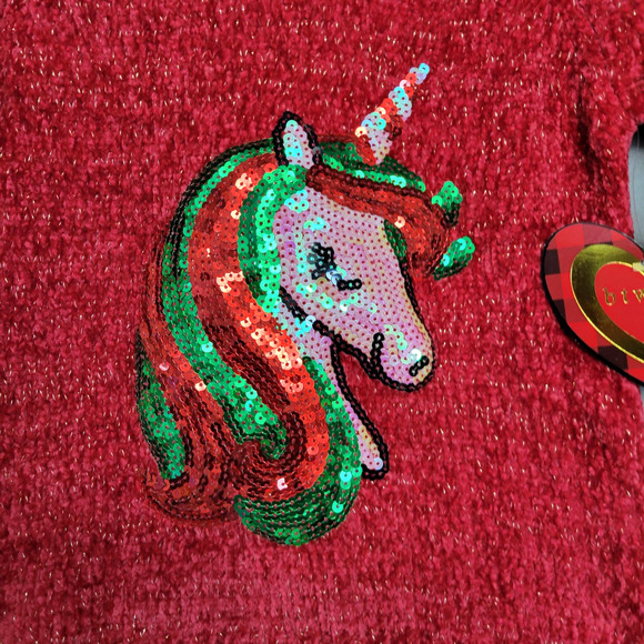 btween Sweater Girls Sz 7 Red Sequin Unicorn Pullover Holiday Sparkle Christmas - Picture 2 of 11